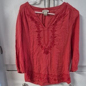 Lucky Brand Women's S Coral Embroidered Boho Hippie Tunic With Quarter Sleeves